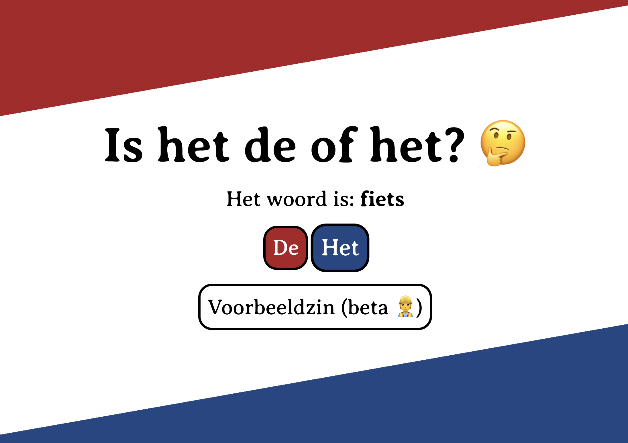 A screenshot of the ishetdeofhet.nl landing page, asking if the word 'fiets' is a 'de' or 'het' word