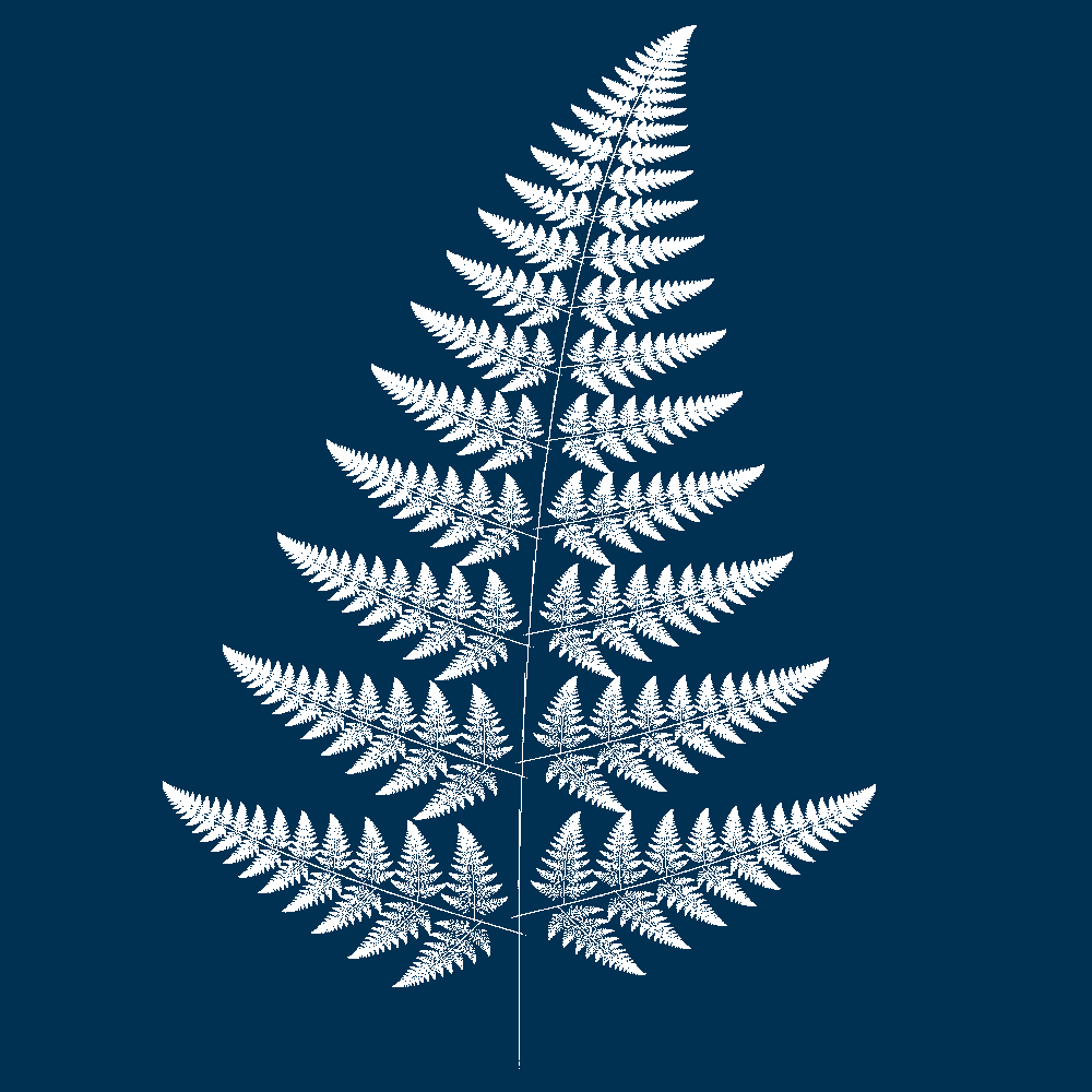 An Iterated Function System rendered with Fernery that resembles a cyanotype of a Leptosporangiate fern